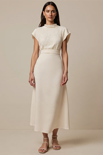 A Line High Neck Cap Sleeve Ivory Work Dress